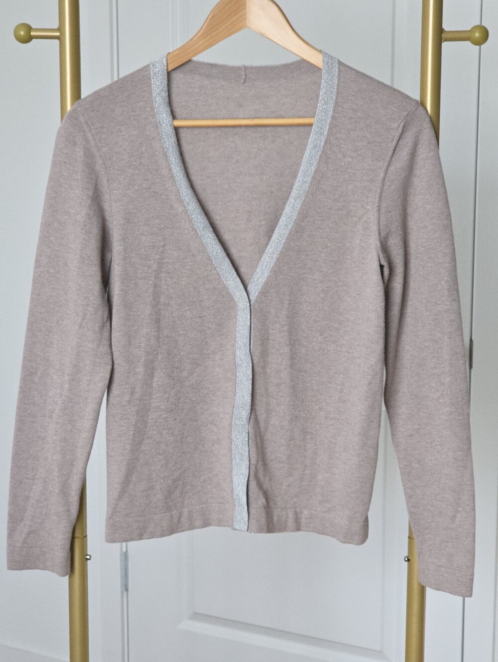 Peserico V-neck Cardigan, Size 40, Taupe Beige Color With Shimmering Silver Trim